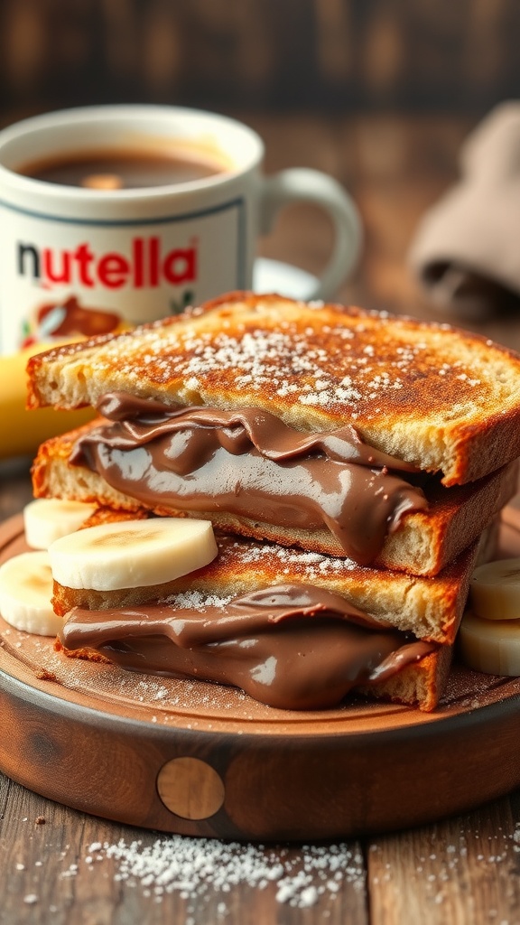 A delicious Nutella sandwich with chocolate-hazelnut spread and fresh banana slices on a wooden board.